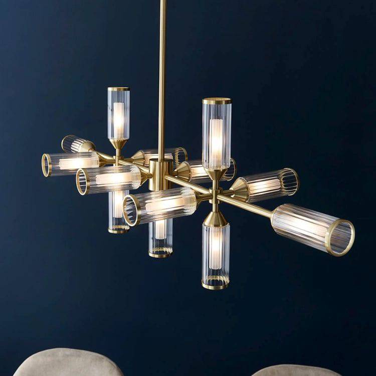 Avon 13Lt Linear Pendant Ceiling Light Satin Brass w/ Ribbed & Frosted Glass - Comet Lighting