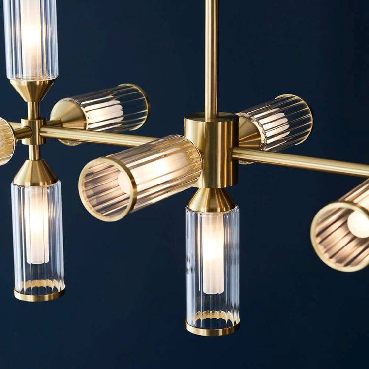 Avon 13Lt Linear Pendant Ceiling Light Satin Brass w/ Ribbed & Frosted Glass - Comet Lighting