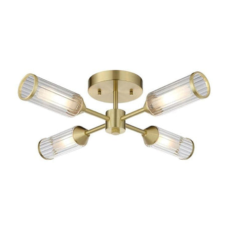 Avon 4Lt Semi-Flush Ceiling Light Satin Brass w/ Ribbed & Frosted Glass - Comet Lighting