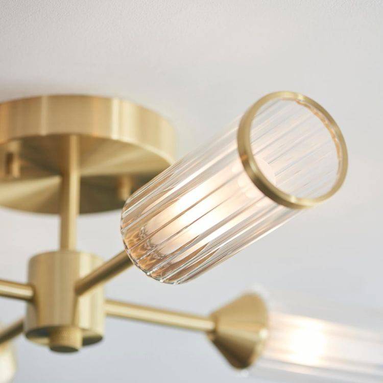 Avon 4Lt Semi-Flush Ceiling Light Satin Brass w/ Ribbed & Frosted Glass - Comet Lighting