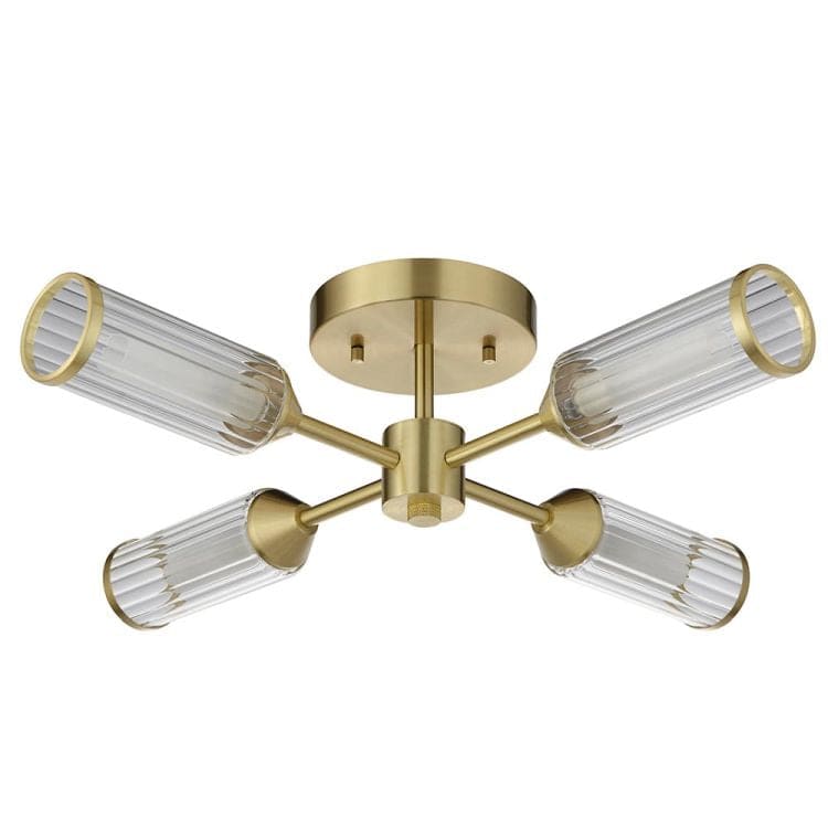 Avon 4Lt Semi-Flush Ceiling Light Satin Brass w/ Ribbed & Frosted Glass - Comet Lighting