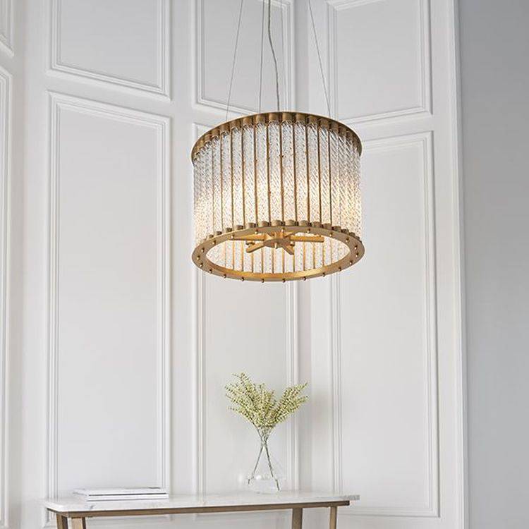 Cam 6Lt Pendant Ceiling Light Matt Gold Finish & Clear Ribbed Glass - Comet Lighting