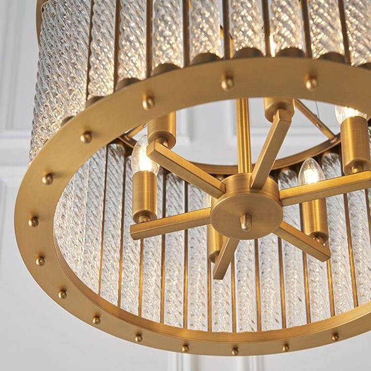 Cam 6Lt Pendant Ceiling Light Matt Gold Finish & Clear Ribbed Glass - Comet Lighting