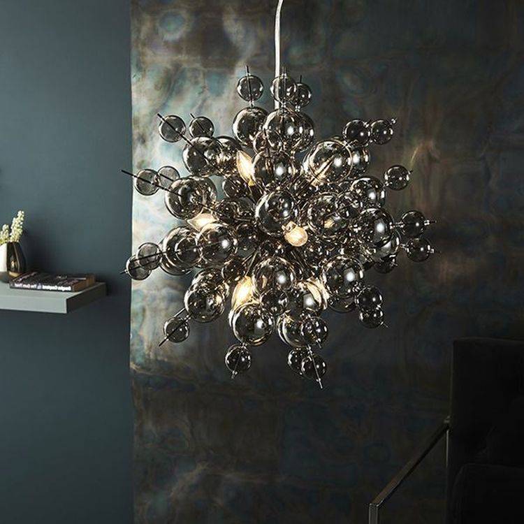 Dee 9Lt Pendant Ceiling Light Black Chrome Plate With Smoked Mirror & Tinted Glass - Comet Lighting