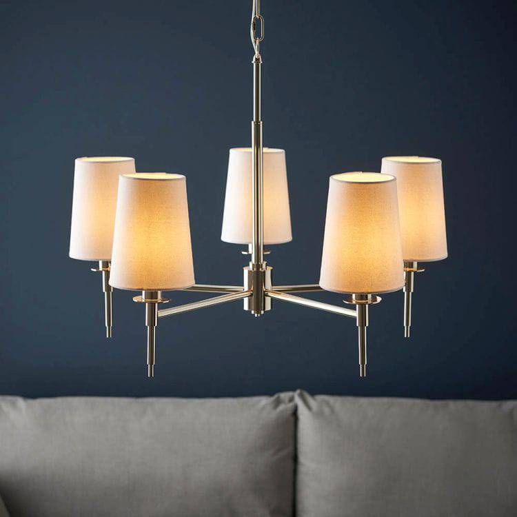 Derwent 5Lt Pendant Ceiling Light Bright Nickel w/ Tapered Shades - Comet Lighting