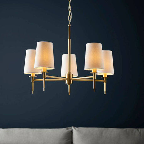 Derwent 5Lt Pendant Ceiling Light Satin Brass w/ Tapered Shades - Comet Lighting