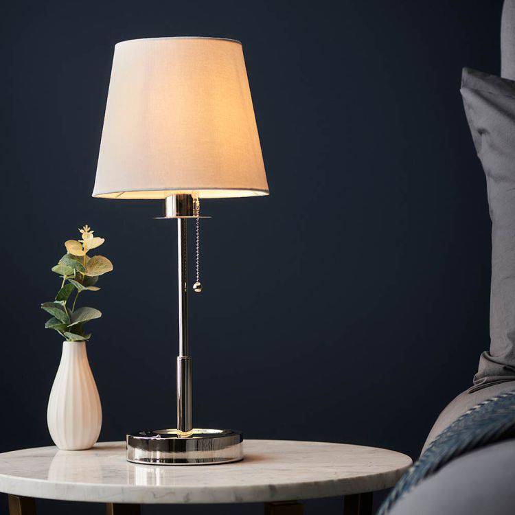 Derwent Table Lamp Bright Nickel w/ Tapered Shade - Comet Lighting