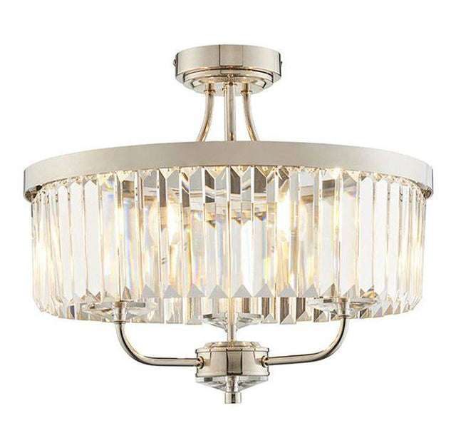 Elbe 3Lt Semi-flush Ceiling Light Bright Nickel Plate & Clear Cut Glass - Comet Lighting