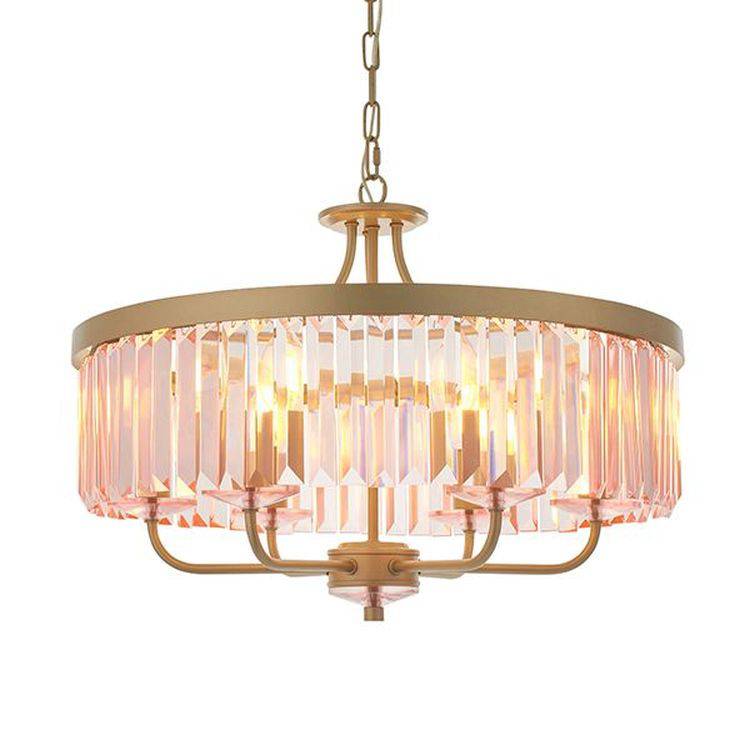 Elbe 6Lt Pendant Ceiling Light Champagne Paint & Rose Pink Cut Glass - Comet Lighting