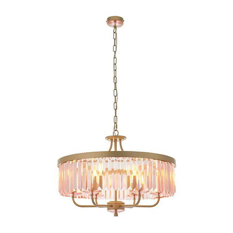 Elbe 6Lt Pendant Ceiling Light Champagne Paint & Rose Pink Cut Glass - Comet Lighting