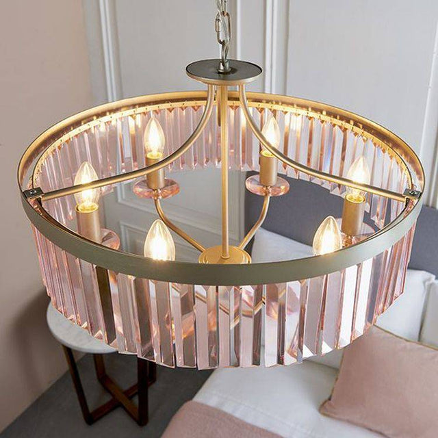 Elbe 6Lt Pendant Ceiling Light Champagne Paint & Rose Pink Cut Glass - Comet Lighting