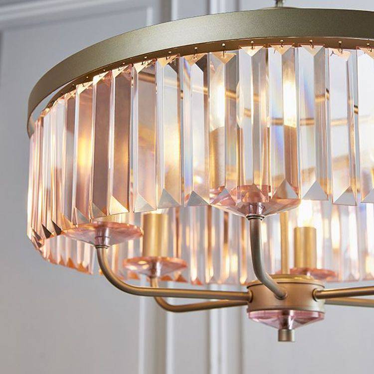 Elbe 6Lt Pendant Ceiling Light Champagne Paint & Rose Pink Cut Glass - Comet Lighting