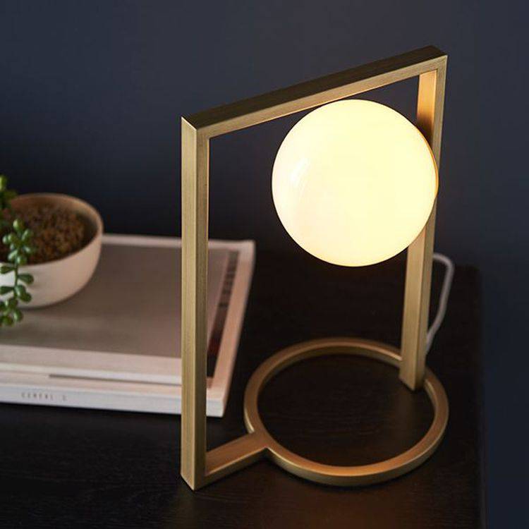 Exe Table Lamp Brushed Gold Finish & Gloss Opal Glass - Comet Lighting