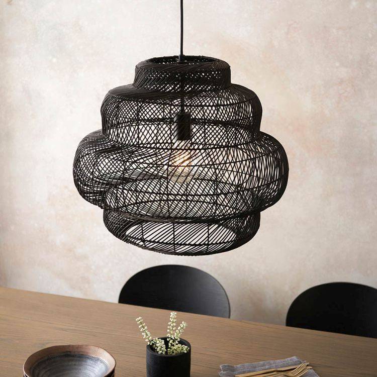 Farmington Large Pendant Ceiling Light Black Rattan - Comet Lighting