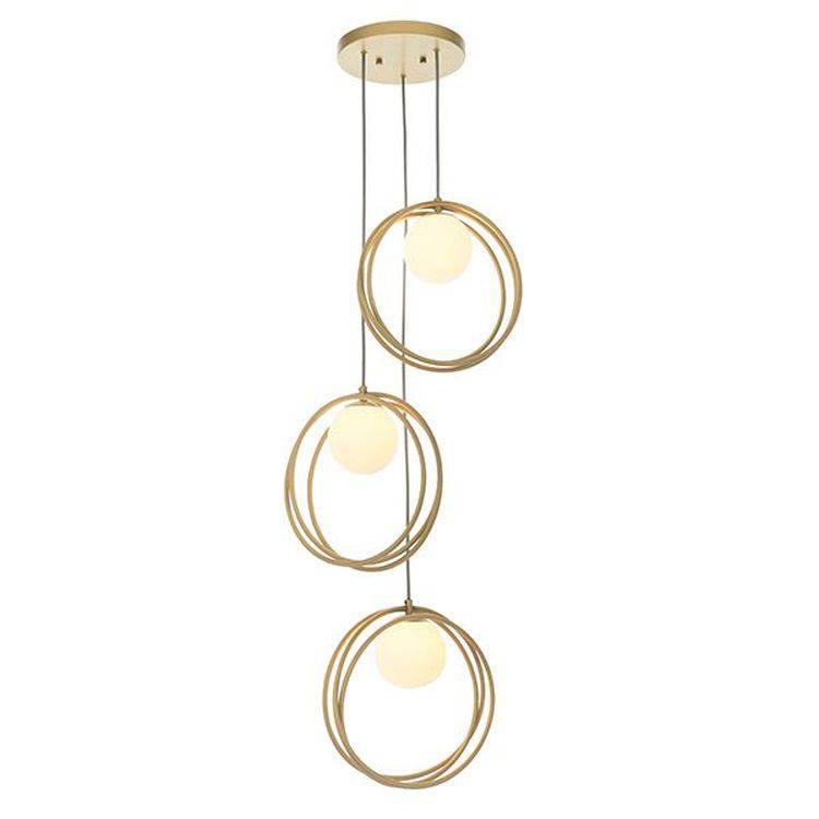 Hoopla 3Lt Pendant Ceiling Light Brushed Gold Paint & Gloss Opal Glass - Comet Lighting