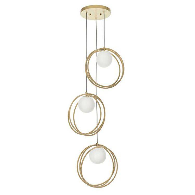 Hoopla 3Lt Pendant Ceiling Light Brushed Gold Paint & Gloss Opal Glass - Comet Lighting