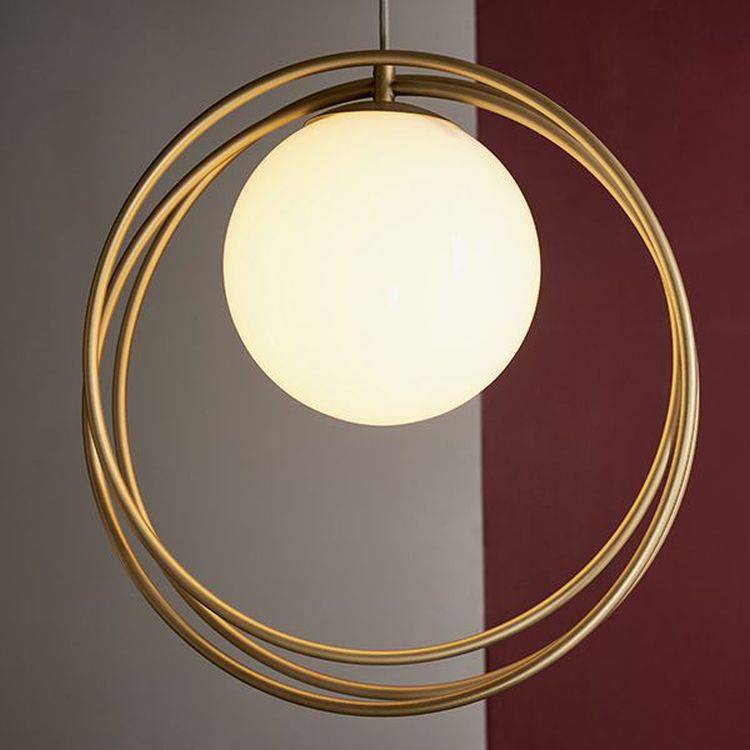 Hoopla Pendant Ceiling Light Brushed Gold Paint & Gloss Opal Glass - Comet Lighting