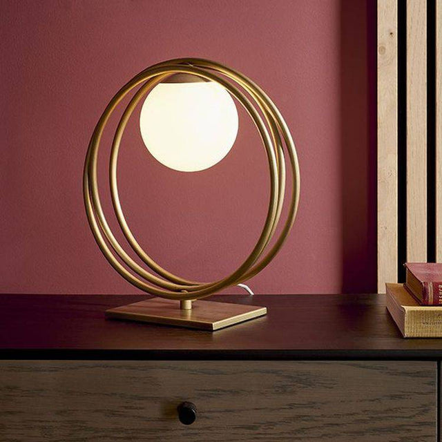 Hoopla Table Lamp Brushed Gold Paint & Gloss Opal Glass - Comet Lighting