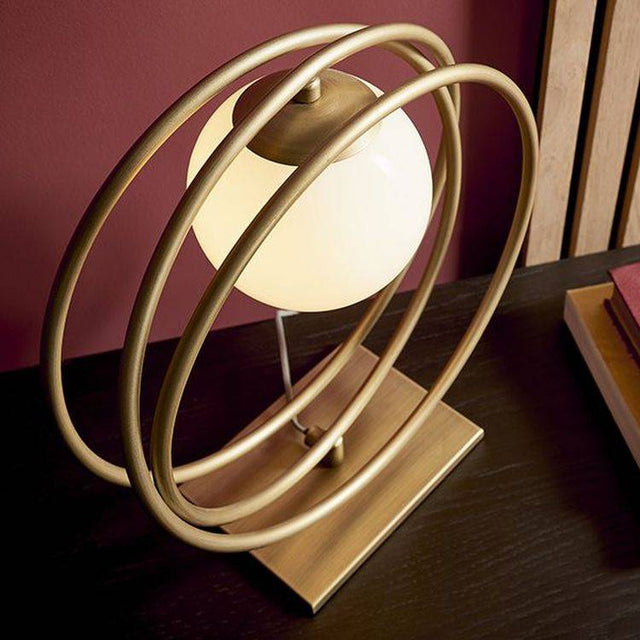 Hoopla Table Lamp Brushed Gold Paint & Gloss Opal Glass - Comet Lighting