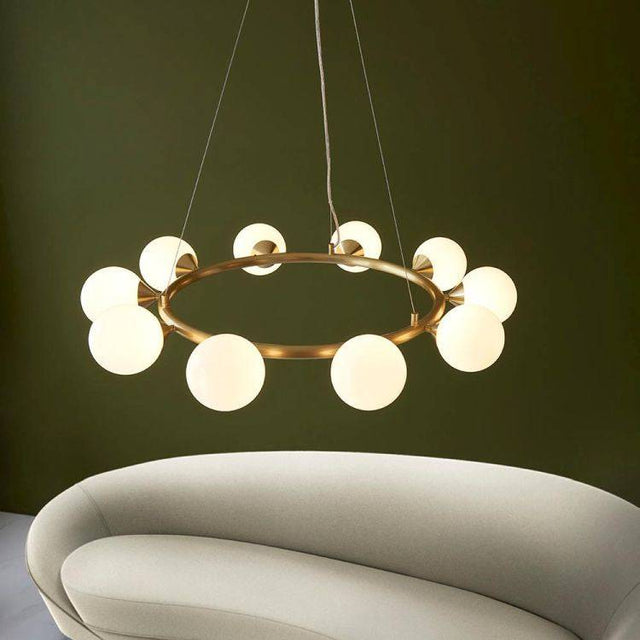 Kemi 10Lt Ring Pendant Ceiling Light Brushed Gold w/ Gloss White Glass - Comet Lighting