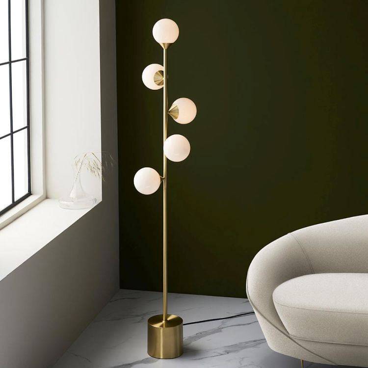 Kemi 5Lt Floor Lamp Satin Brushed Gold w/ Gloss White Glass - Comet Lighting