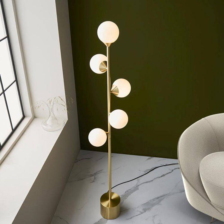 Kemi 5Lt Floor Lamp Satin Brushed Gold w/ Gloss White Glass - Comet Lighting