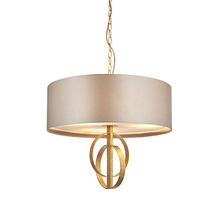 Lena 3Lt Pendant Ceiling Light Antique Gold Leaf & Mink Satin Fabric - Comet Lighting