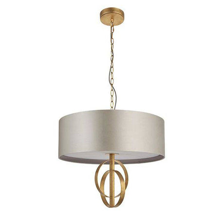 Lena 3Lt Pendant Ceiling Light Antique Gold Leaf & Mink Satin Fabric - Comet Lighting