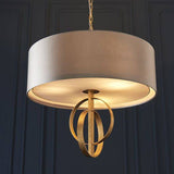 Lena 3Lt Pendant Ceiling Light Antique Gold Leaf & Mink Satin Fabric - Comet Lighting