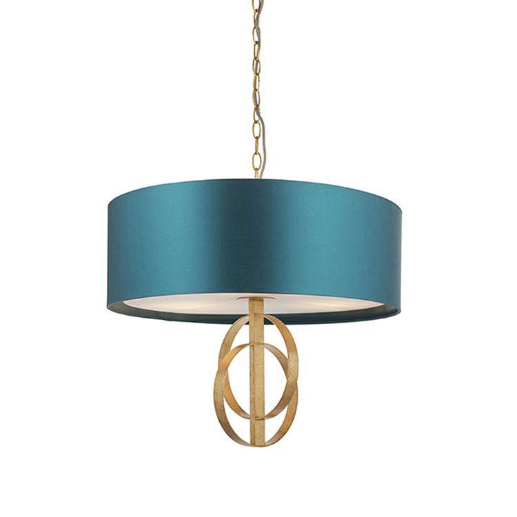 Lena 3Lt Pendant Ceiling Light Antique Gold Leaf & Teal Satin Fabric - Comet Lighting