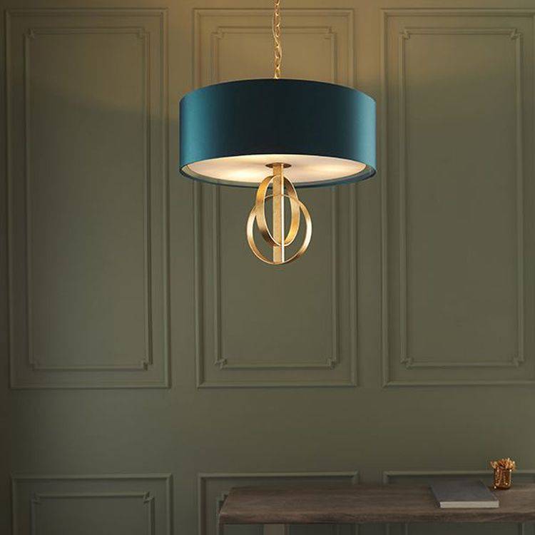 Lena 3Lt Pendant Ceiling Light Antique Gold Leaf & Teal Satin Fabric - Comet Lighting