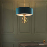 Lena 3Lt Pendant Ceiling Light Antique Gold Leaf & Teal Satin Fabric - Comet Lighting