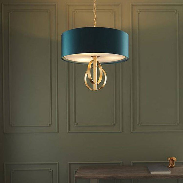 Lena 3Lt Pendant Ceiling Light Antique Gold Leaf & Teal Satin Fabric - Comet Lighting