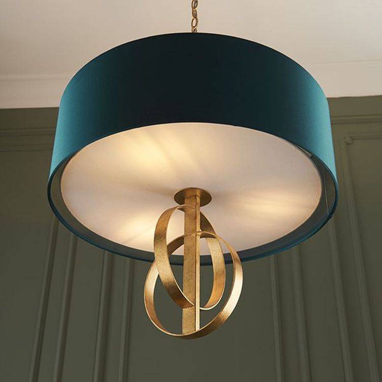 Lena 3Lt Pendant Ceiling Light Antique Gold Leaf & Teal Satin Fabric - Comet Lighting