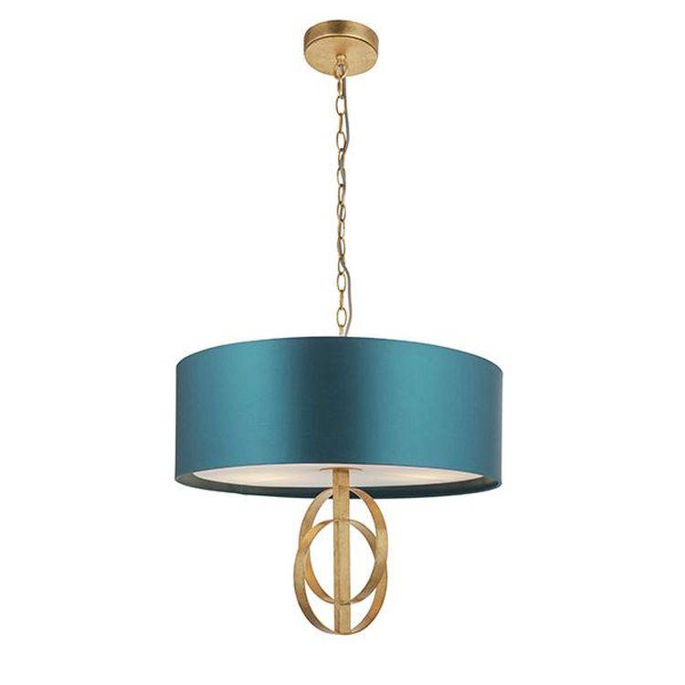 Lena 3Lt Pendant Ceiling Light Antique Gold Leaf & Teal Satin Fabric - Comet Lighting