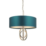 Lena 3Lt Pendant Ceiling Light Antique Silver Leaf & Teal Satin Fabric - Comet Lighting