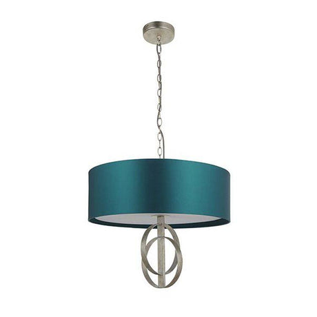 Lena 3Lt Pendant Ceiling Light Antique Silver Leaf & Teal Satin Fabric - Comet Lighting