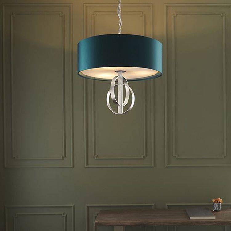 Lena 3Lt Pendant Ceiling Light Antique Silver Leaf & Teal Satin Fabric - Comet Lighting