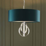 Lena 3Lt Pendant Ceiling Light Antique Silver Leaf & Teal Satin Fabric - Comet Lighting