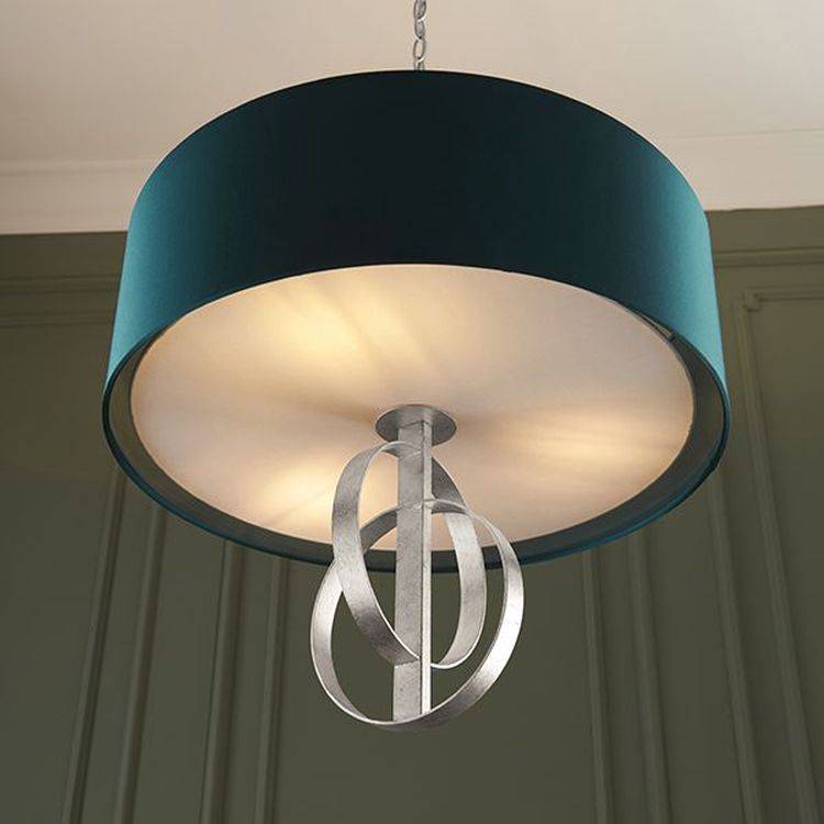 Lena 3Lt Pendant Ceiling Light Antique Silver Leaf & Teal Satin Fabric - Comet Lighting