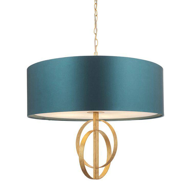 Lena 5Lt Pendant Ceiling Light Antique Gold Leaf & Teal Satin Fabric - Comet Lighting