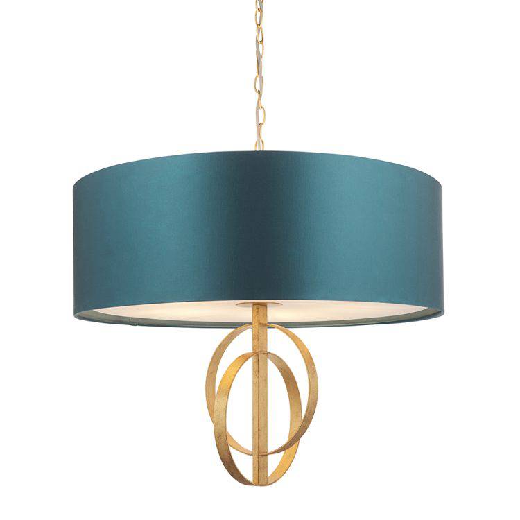 Lena 5Lt Pendant Ceiling Light Antique Gold Leaf & Teal Satin Fabric - Comet Lighting