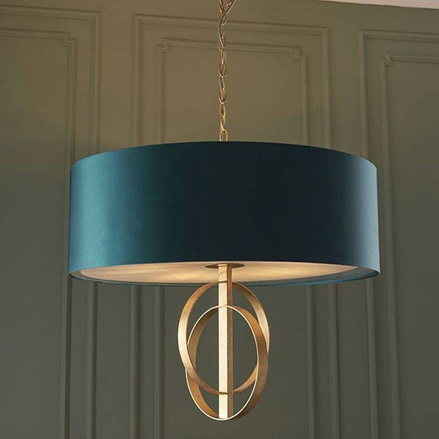 Lena 5Lt Pendant Ceiling Light Antique Gold Leaf & Teal Satin Fabric - Comet Lighting