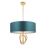 Lena 5Lt Pendant Ceiling Light Antique Gold Leaf & Teal Satin Fabric - Comet Lighting