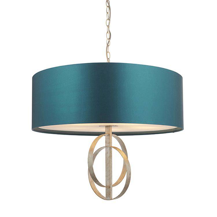 Lena 5Lt Pendant Ceiling Light Antique Silver Leaf & Teal Satin Fabric - Comet Lighting