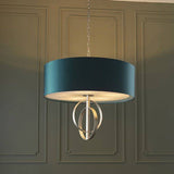 Lena 5Lt Pendant Ceiling Light Antique Silver Leaf & Teal Satin Fabric - Comet Lighting