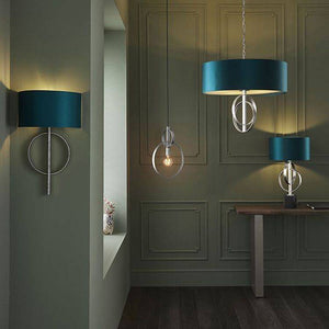 Lena 5Lt Pendant Ceiling Light Antique Silver Leaf & Teal Satin Fabric - Comet Lighting