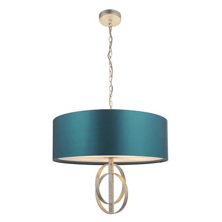 Lena 5Lt Pendant Ceiling Light Antique Silver Leaf & Teal Satin Fabric - Comet Lighting