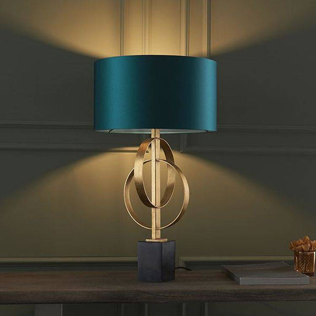 Lena Table Lamp Antique Gold Leaf & Teal Satin Fabric - Comet Lighting