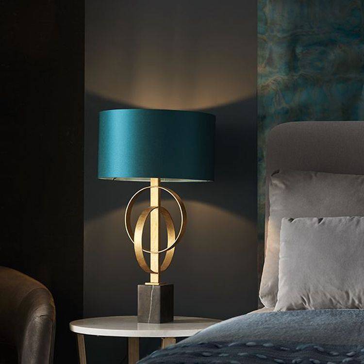 Lena Table Lamp Antique Gold Leaf & Teal Satin Fabric - Comet Lighting